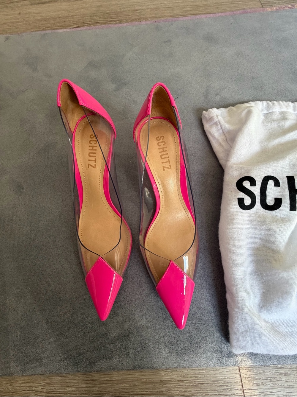 SCHUTZ Hot Pink Pointed leather and PVC D'Orsay Heels 2 3/4” heel